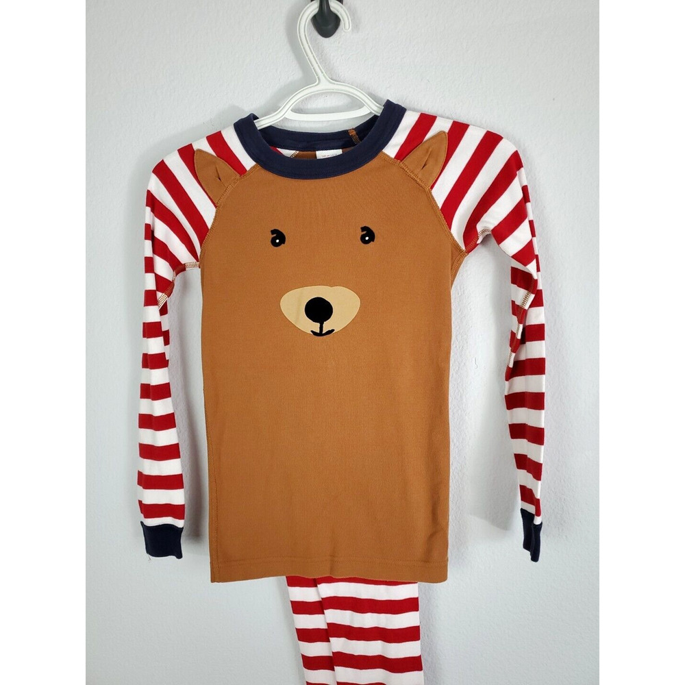 Hanna Andersson Pajama Set Kid 140 US 10 Holiday Deer Long John Red White Stripe - Picture 3 of 14